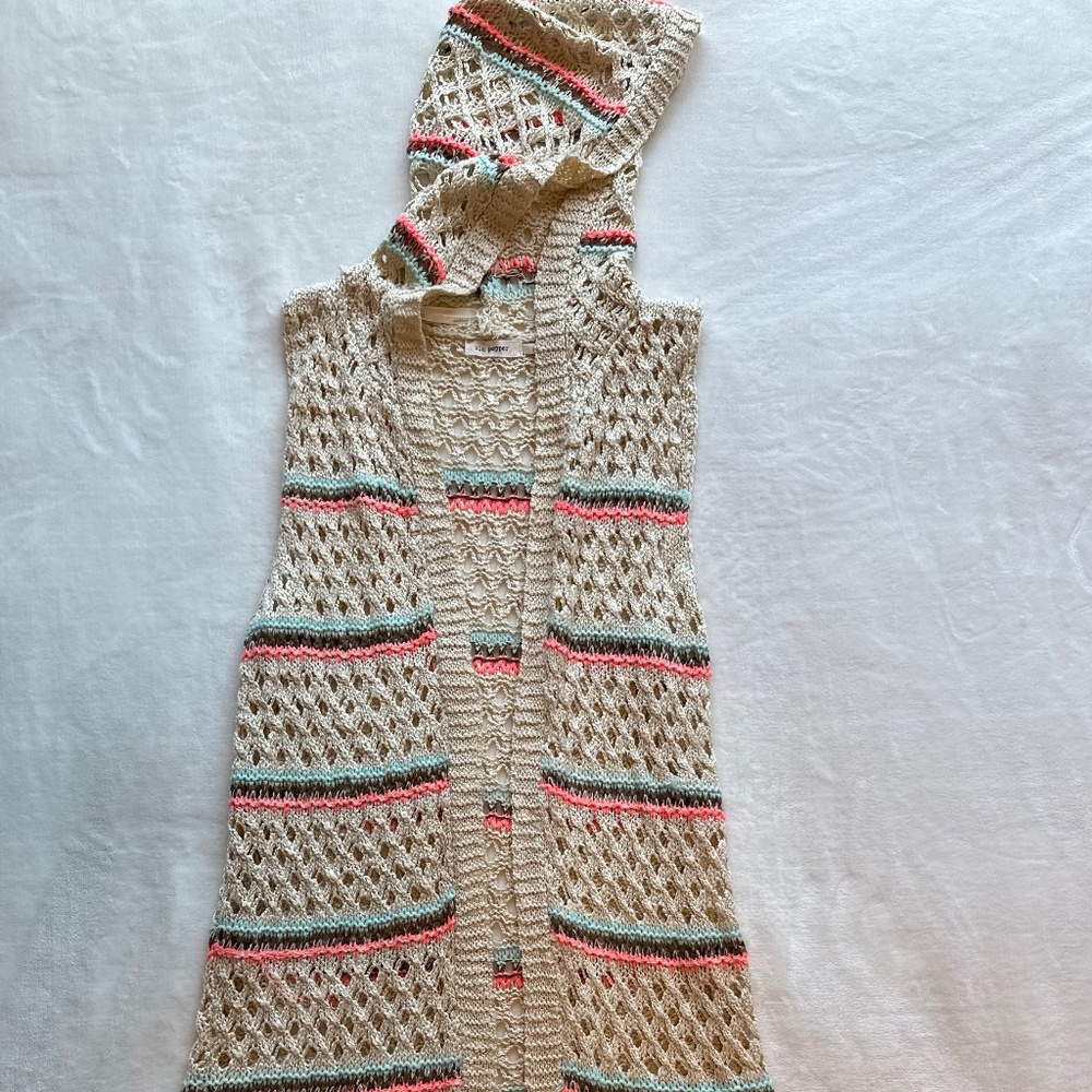 Blue Pepper Womens Cardigan Crocheted Sweater Vest with Hood Medium